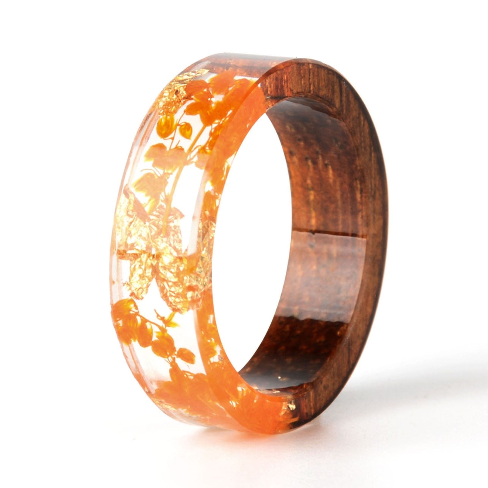 Handmade DIY romantic dry flower Real wood resin ring gold / silver