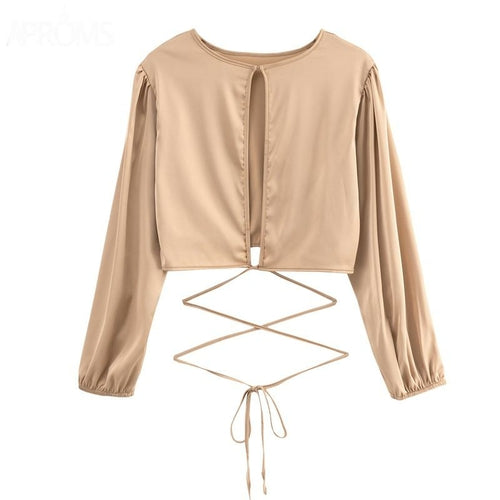 Soft Satin Backless Bow Tie T-shirt Crop Top