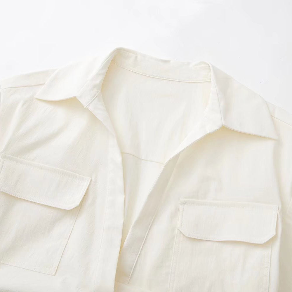 Solid White Office Ladies Casual Shirt Tops Short Sleeve Pockets