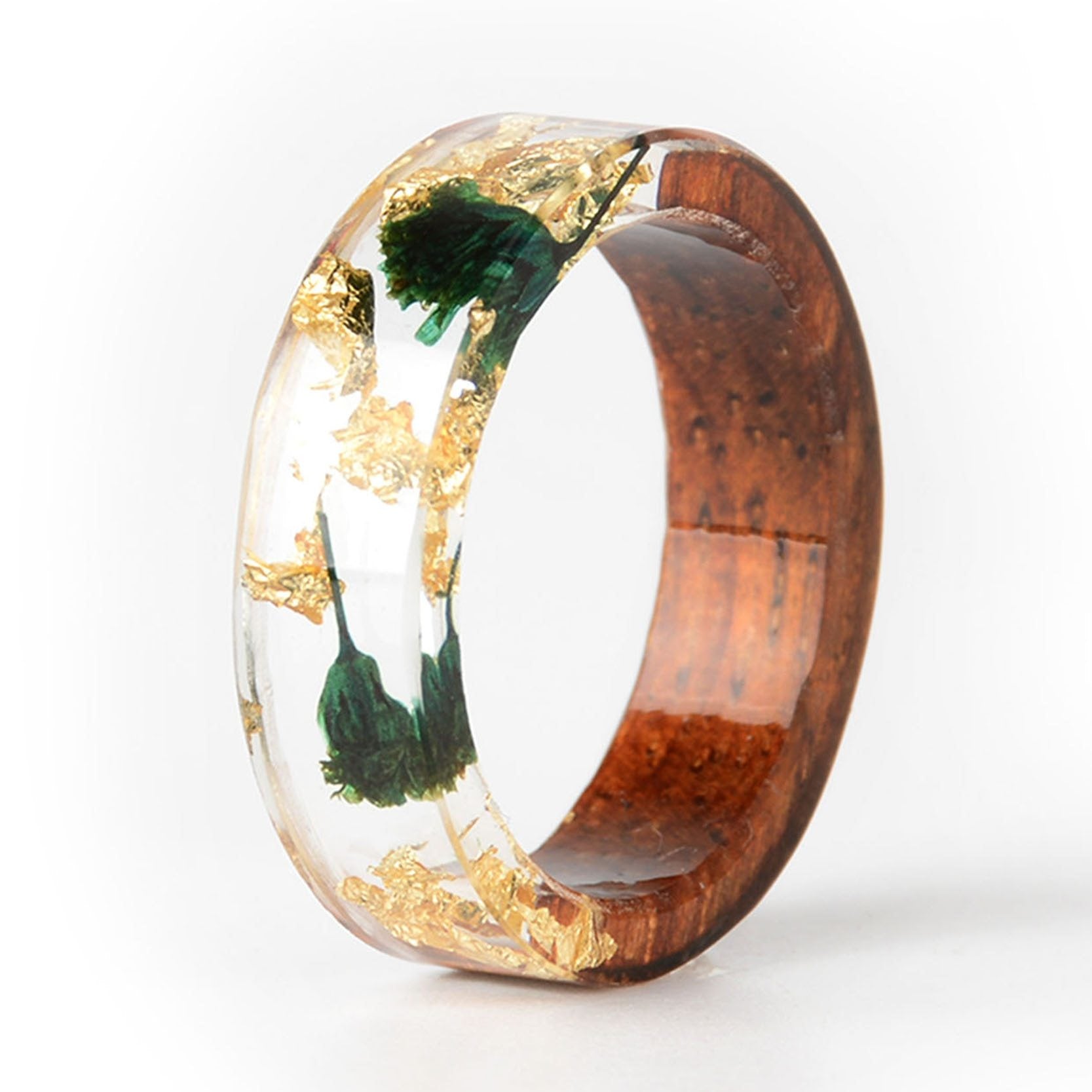 Handmade DIY romantic dry flower Real wood resin ring gold / silver