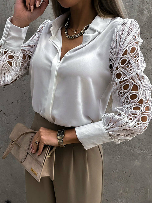 Lace Long Sleeve White Black Button Blouses Top