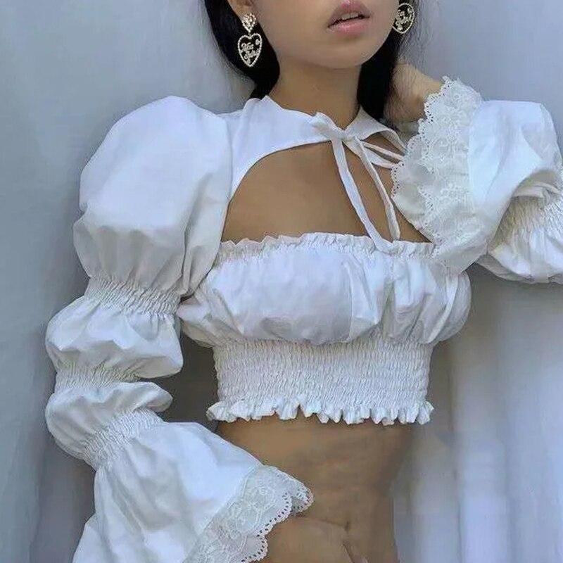 Lace Up White Cotton Blouse Tops Women Sexy Front Cut Crop Tops Summer