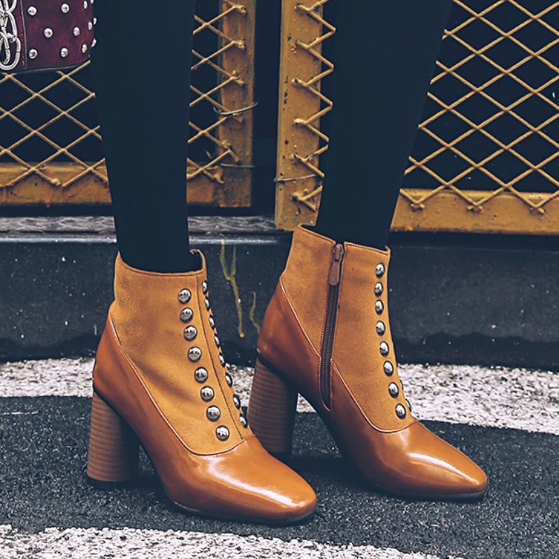 Vintage Square Toe Ankle
Boots For Women Zipper High Heels Shoes