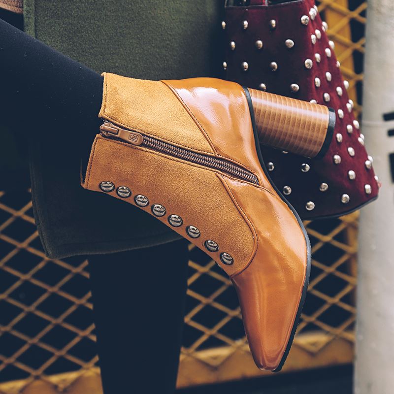 Vintage Square Toe Ankle
Boots For Women Zipper High Heels Shoes