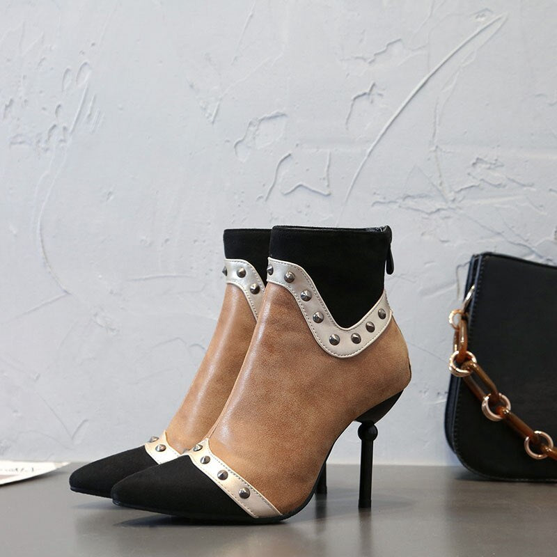 Punk style Women's Ankle Boots Retro Rivet Patchwork Boots Pointed Toe