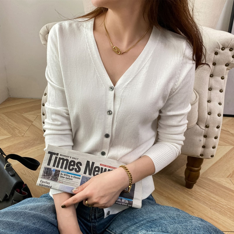 New V Neck Long Sleeve Sweater Button Cardigan Ladies Knit Tops