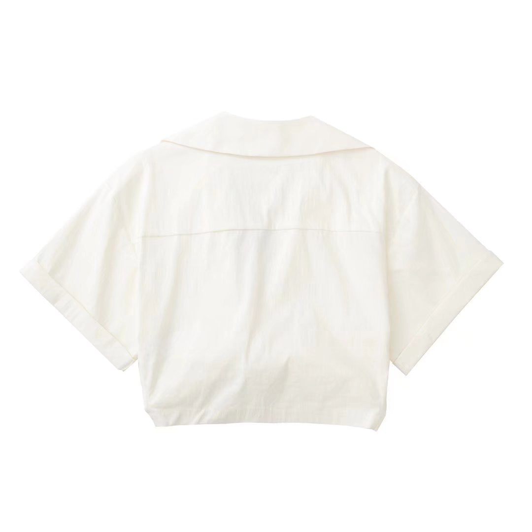 Solid White Office Ladies Casual Shirt Tops Short Sleeve Pockets