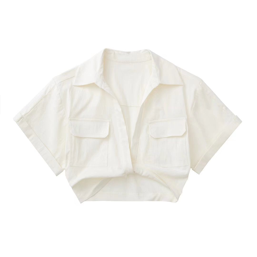 Solid White Office Ladies Casual Shirt Tops Short Sleeve Pockets
