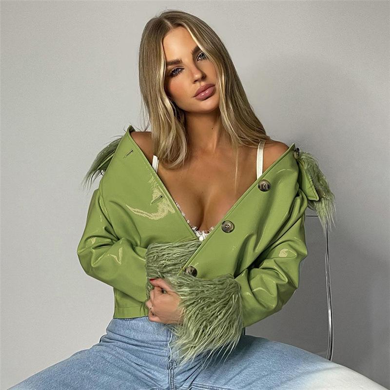 Patchwork Faux PU Leather Feathers High Street Jacket Coat