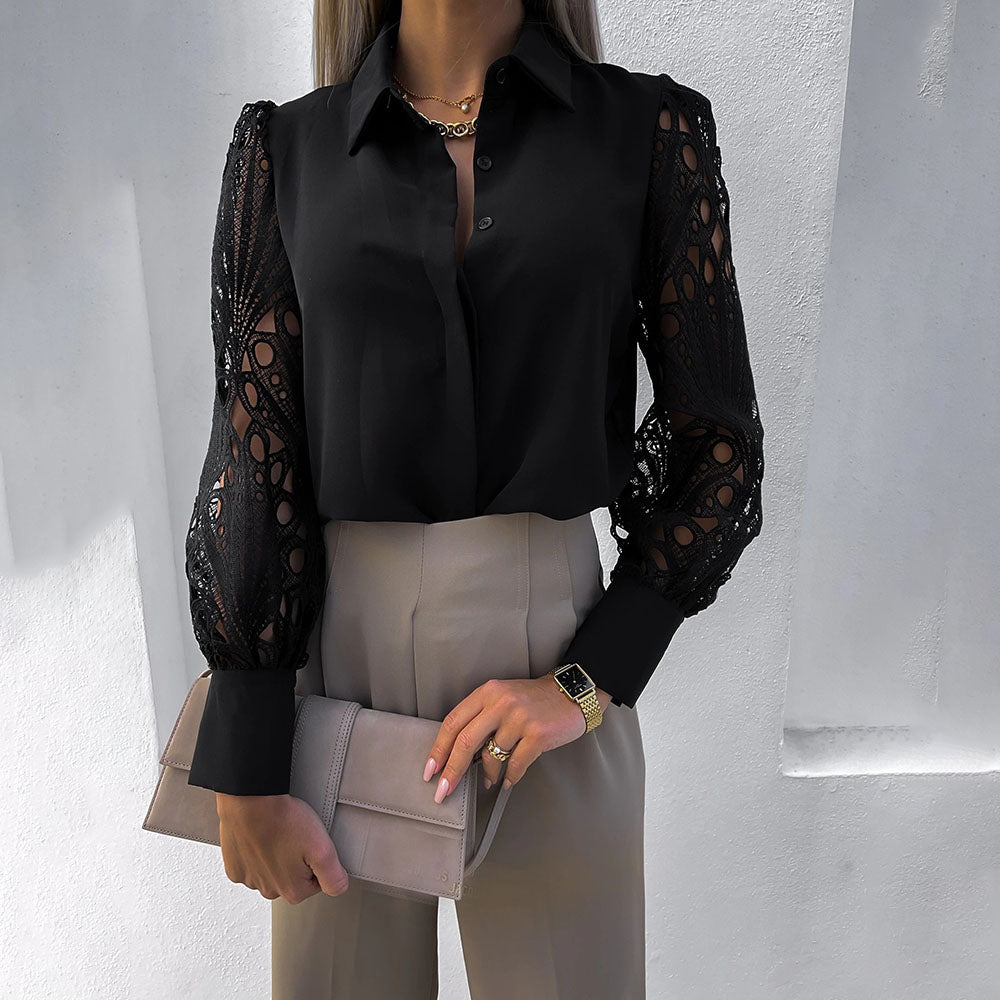 Lace Long Sleeve White Black Button Blouses Top