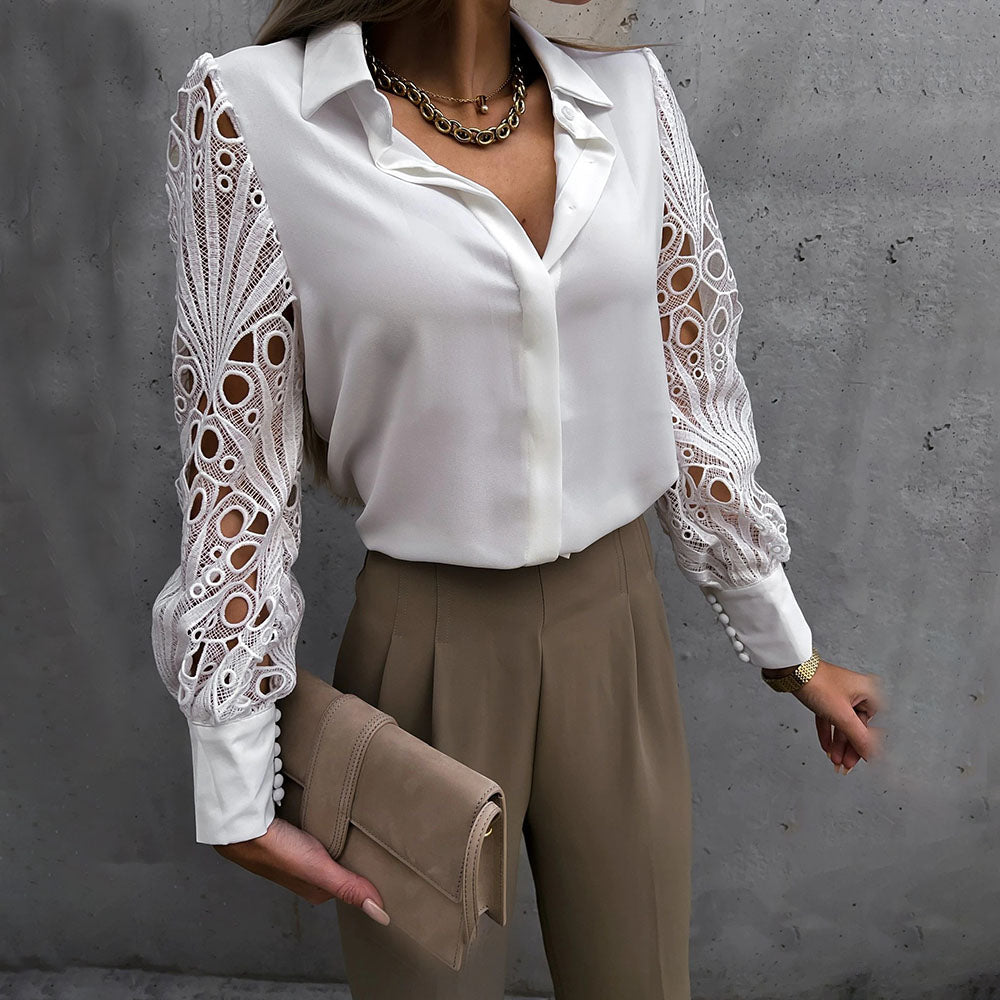 Lace Long Sleeve White Black Button Blouses Top