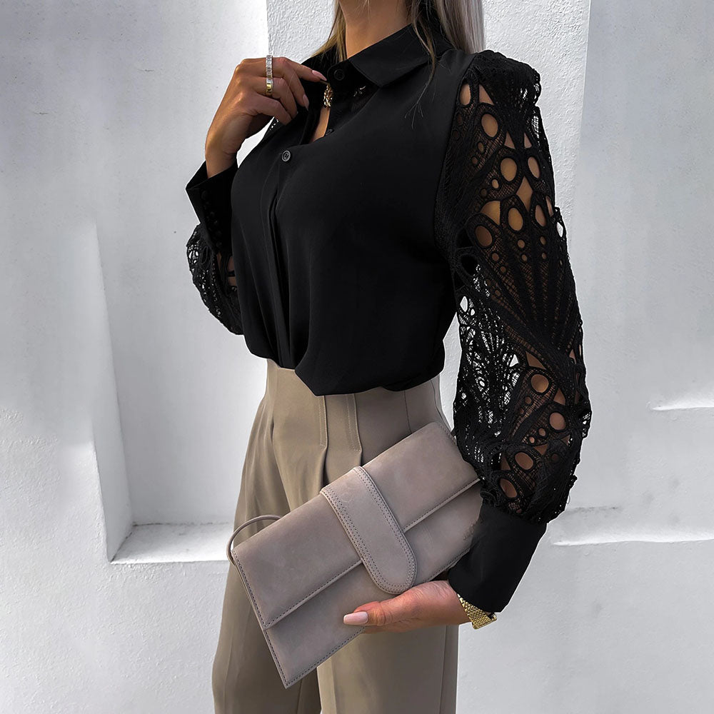 Lace Long Sleeve White Black Button Blouses Top