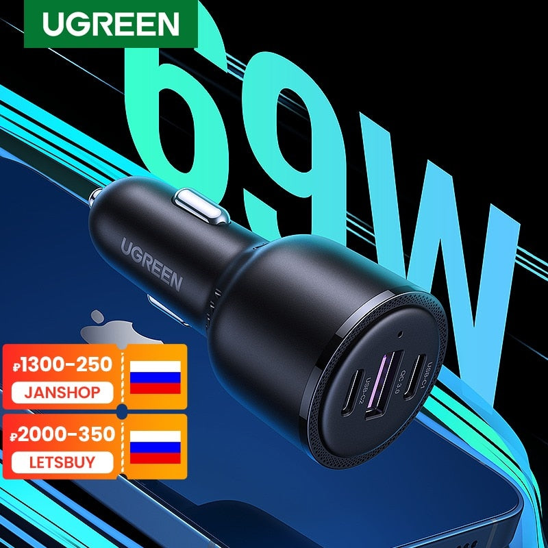 UGREEN 69W Car Charger USB Type C Dual Port PD QC 4.0 3.0 Fast