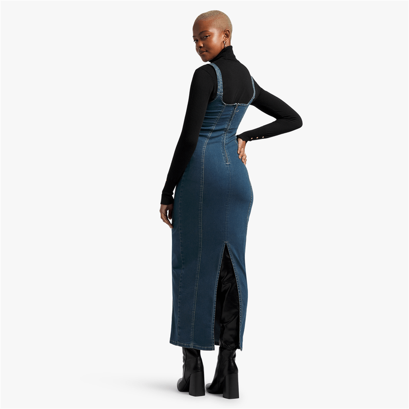 Women's Mid Wash Denim Bodycon Maxi Dress