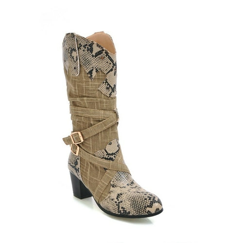 Serpentine PU Leather Slip On Buckle Thick Middle Heels Mid Calf Boots