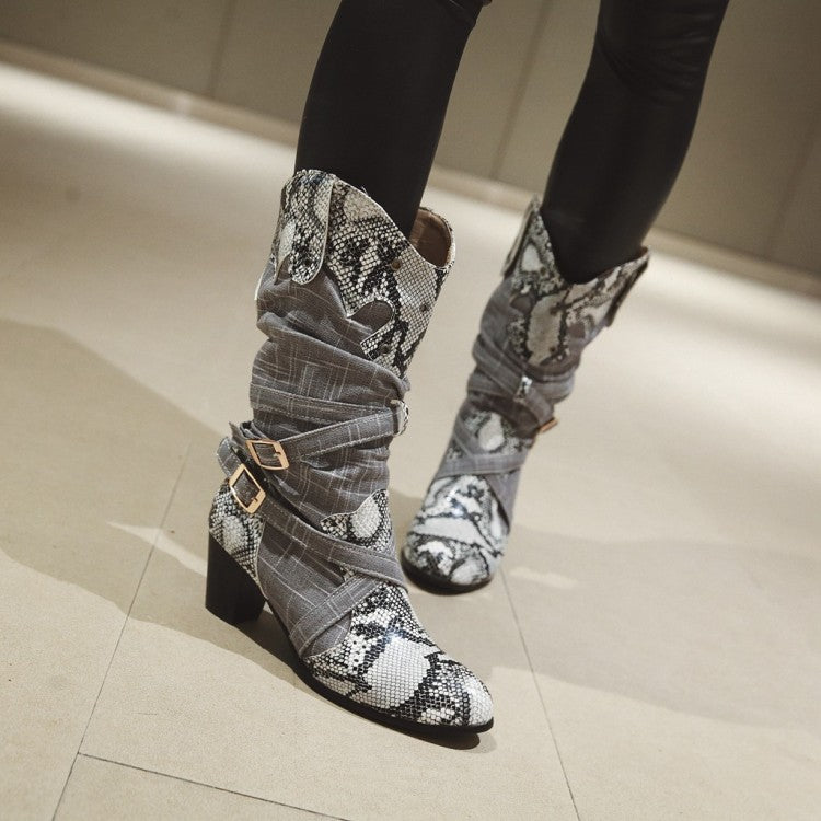 Serpentine PU Leather Slip On Buckle Thick Middle Heels Mid Calf Boots