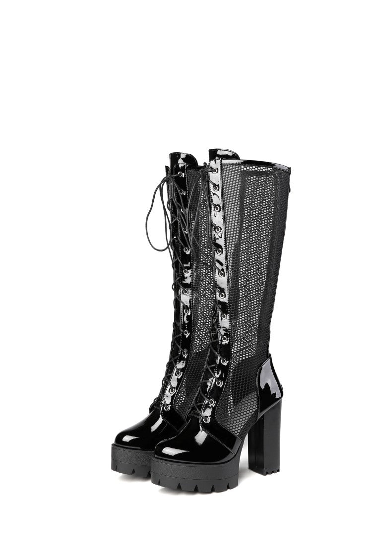 Knee High Boots Plus Lace Up Mesh Square High Heels Platform