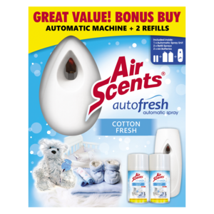 Air Scents Autofresh Automatic Air Freshener Dispenser & Two Cotton Fresh Scented Refills 2 x 250ml