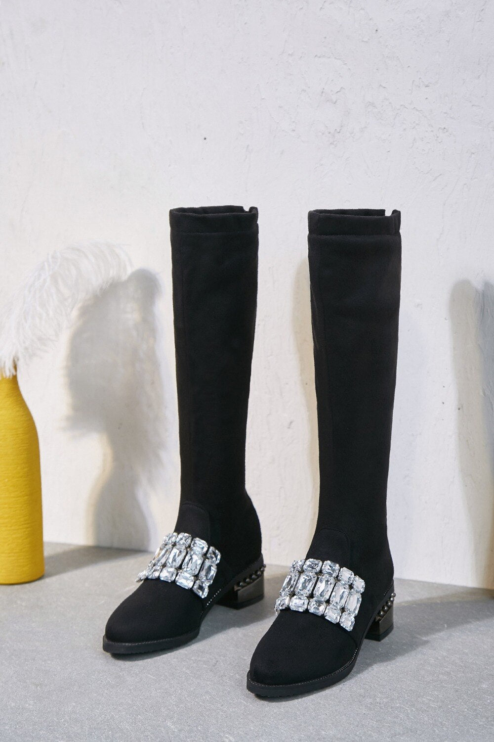 Knee High Boots For Women Metal 
Thick Heels Flock Long Winter Booties