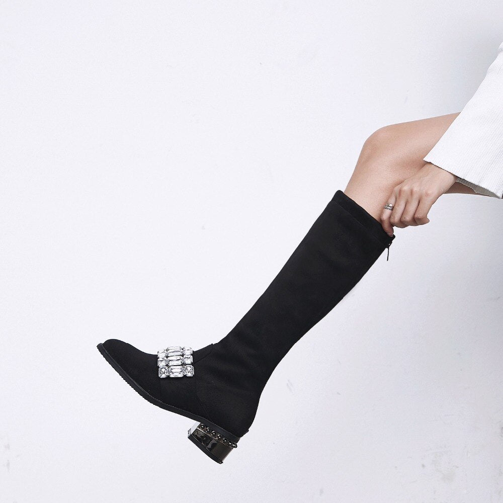 Knee High Boots For Women Metal 
Thick Heels Flock Long Winter Booties