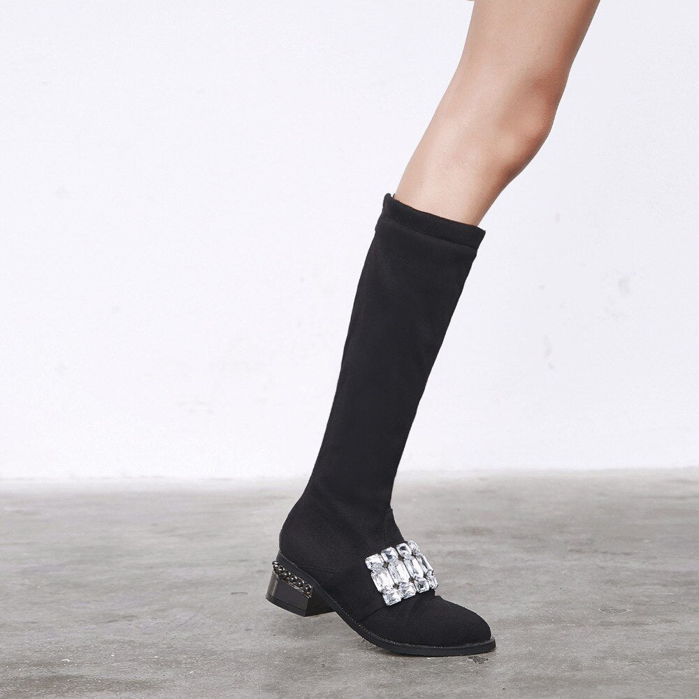 Knee High Boots For Women Metal 
Thick Heels Flock Long Winter Booties