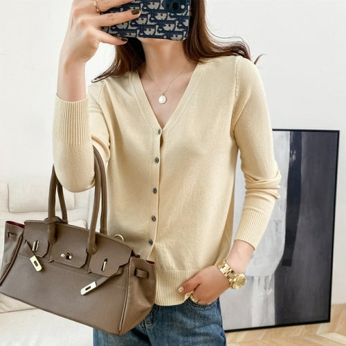 New V Neck Long Sleeve Sweater Button Cardigan Ladies Knit Tops