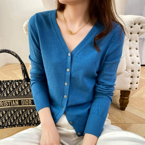 New V Neck Long Sleeve Sweater Button Cardigan Ladies Knit Tops