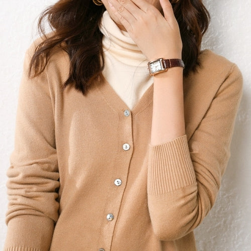 New V Neck Long Sleeve Sweater Button Cardigan Ladies Knit Tops