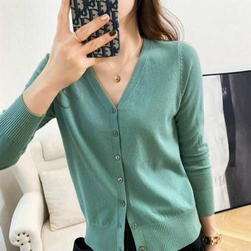 New V Neck Long Sleeve Sweater Button Cardigan Ladies Knit Tops