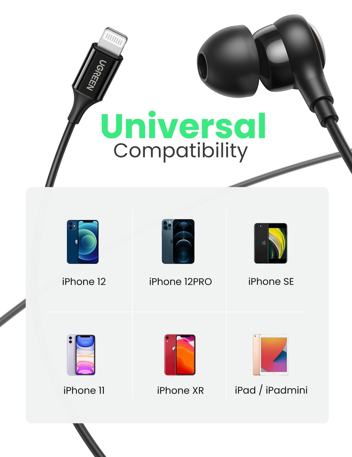 UGREEN Wired Headphones MFi Certified Lightning Earbuds with