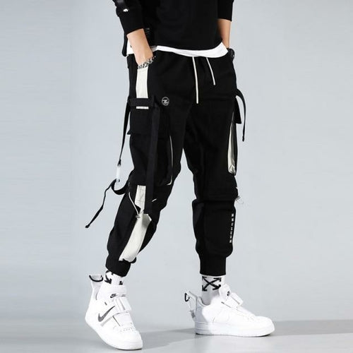 Black Harem Overalls Multi-Pocket Ribbon cargos