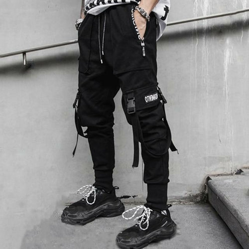 Black Harem Overalls Multi-Pocket Ribbon cargos