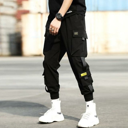 Black Harem Overalls Multi-Pocket Ribbon cargos
