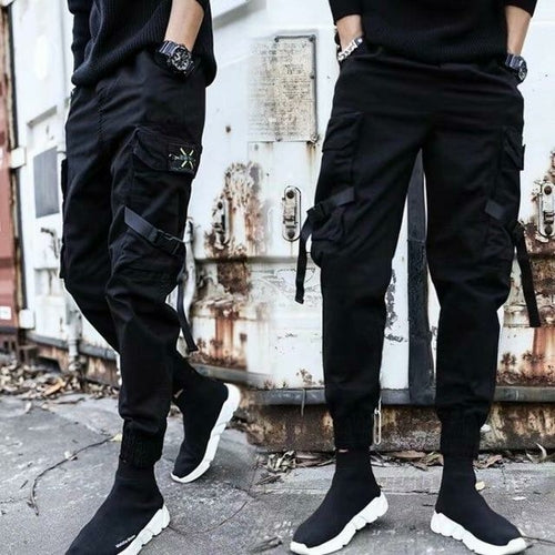 Black Harem Overalls Multi-Pocket Ribbon cargos