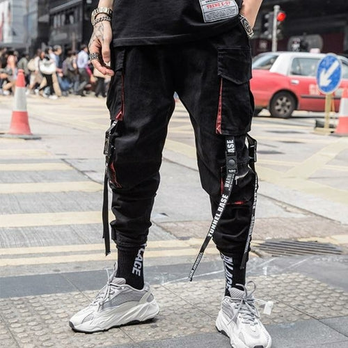 Black Harem Overalls Multi-Pocket Ribbon cargos