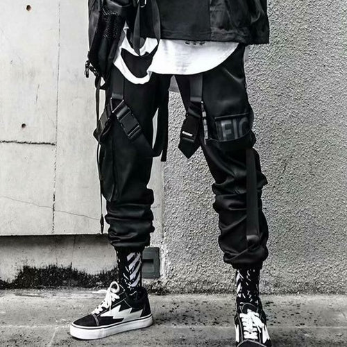Black Harem Overalls Multi-Pocket Ribbon cargos