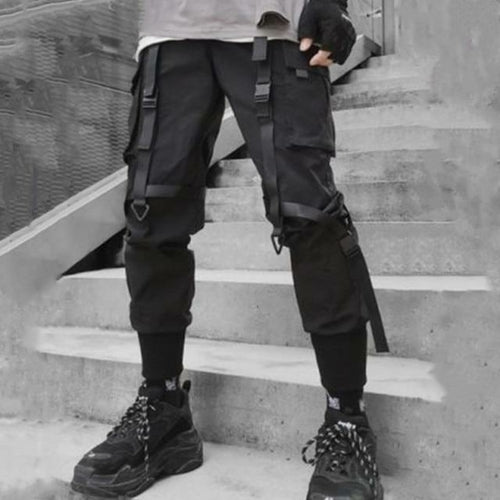 Black Harem Overalls Multi-Pocket Ribbon cargos