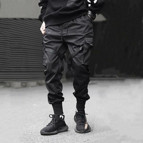 Black Harem Overalls Multi-Pocket Ribbon cargos