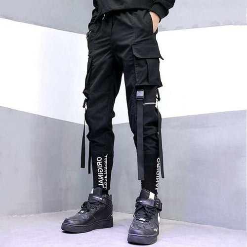 Black Harem Overalls Multi-Pocket Ribbon cargos