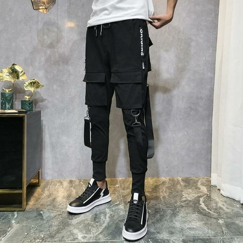 Black Harem Overalls Multi-Pocket Ribbon cargos