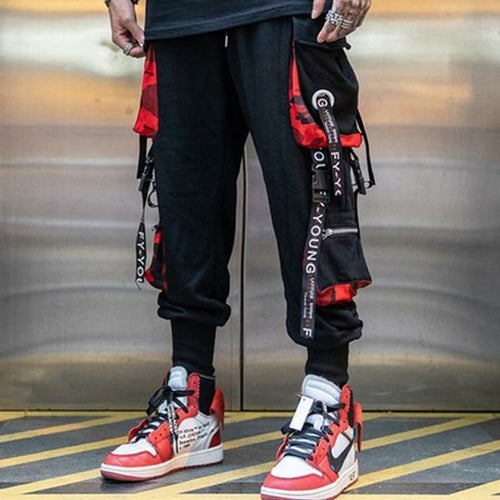 Black Harem Overalls Multi-Pocket Ribbon cargos