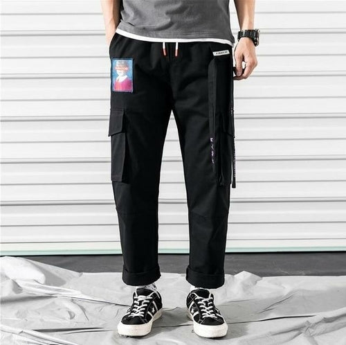 Black Harem Overalls Multi-Pocket Ribbon cargos
