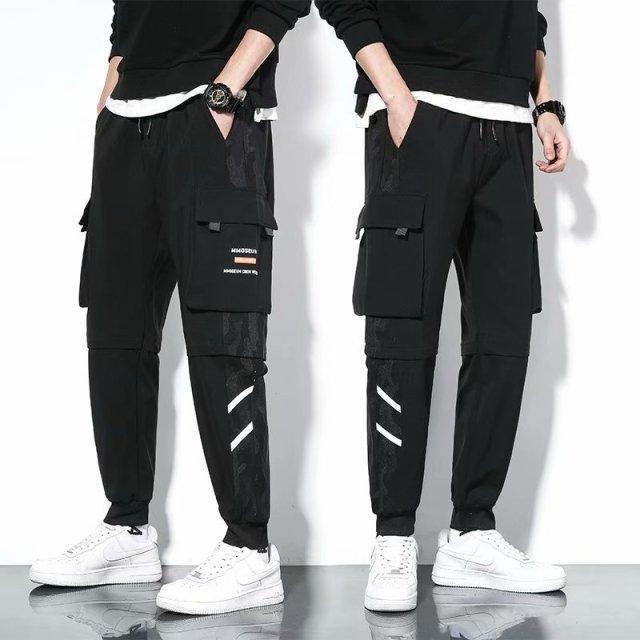 Black Harem Overalls Multi-Pocket Ribbon cargos