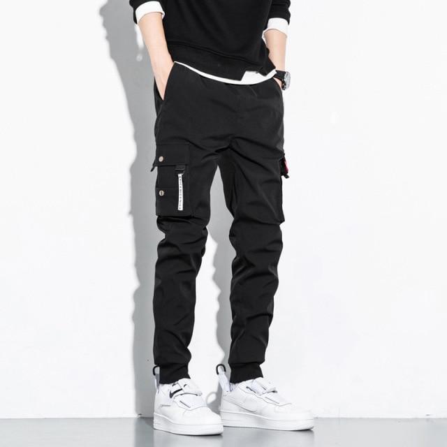 Black Harem Overalls Multi-Pocket Ribbon cargos