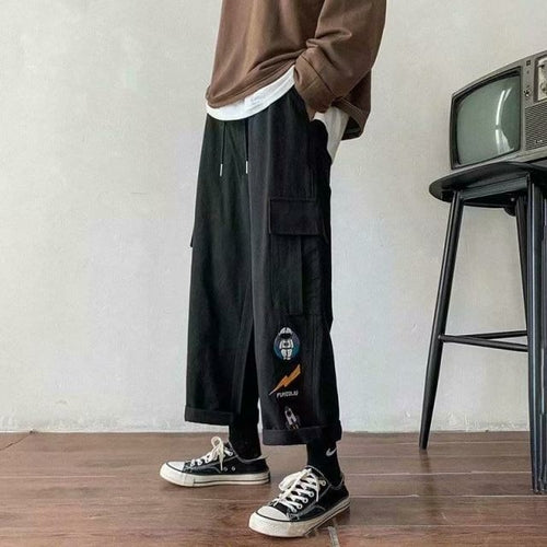 Black Harem Overalls Multi-Pocket Ribbon cargos